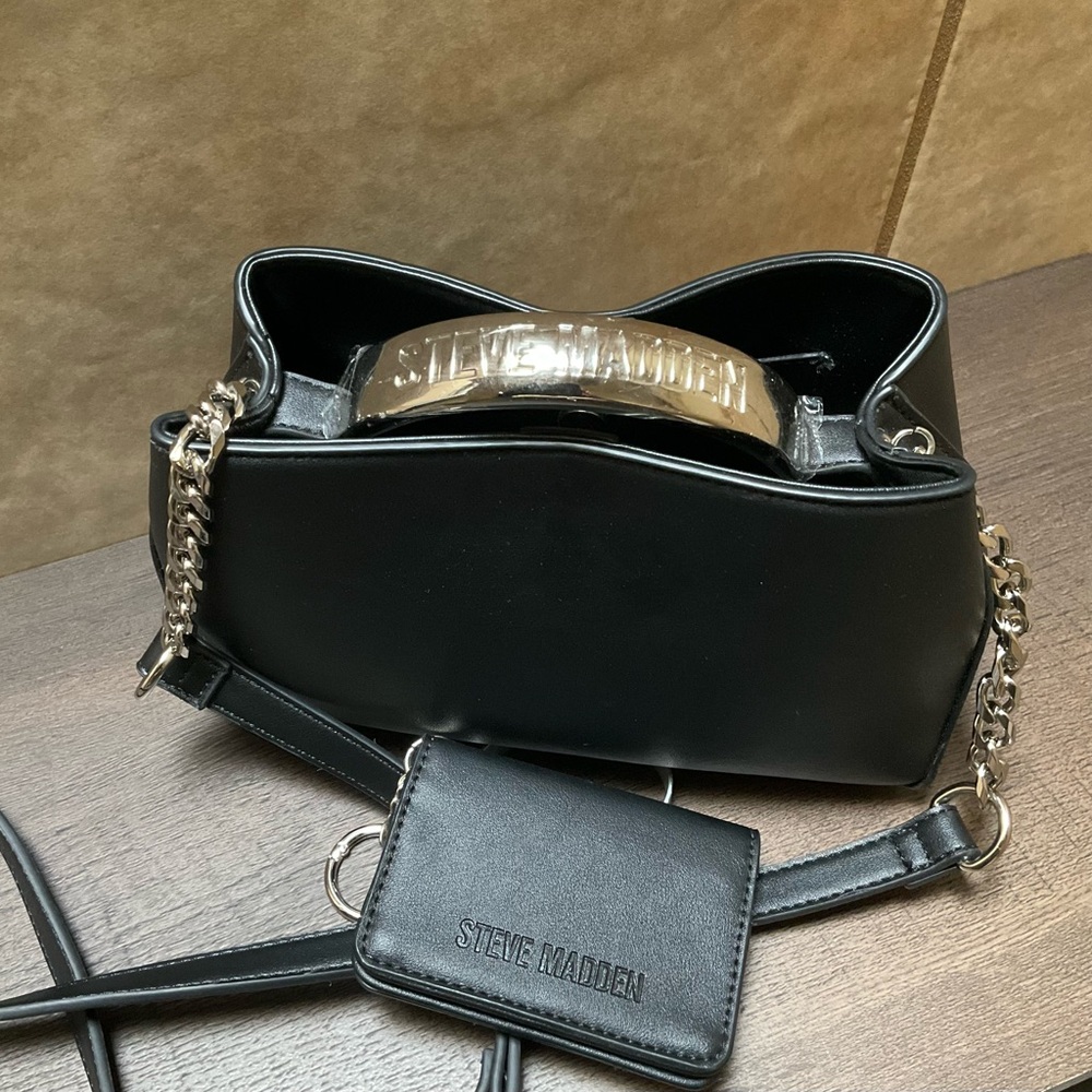 Steve Madden Black Crossbody Bag Edgy Top Handle silvertone chain Bdiall satchel